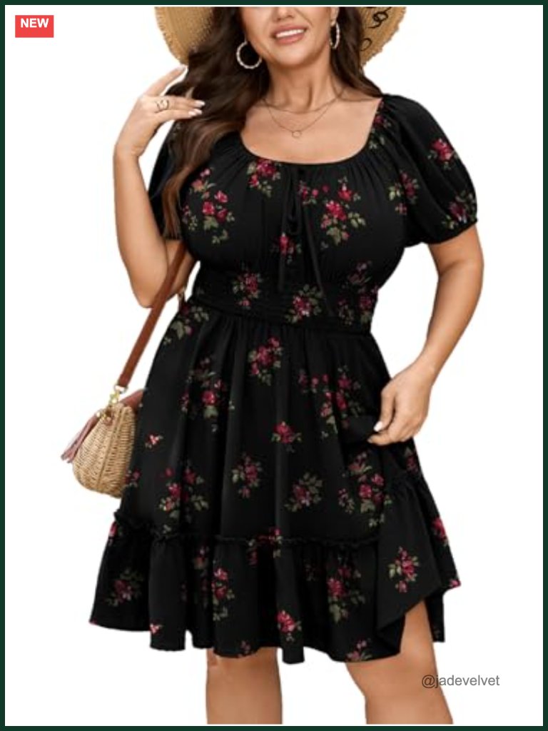 Plus Size Square Neck Floral Mini A-Line Ruffle Dress Short Sleeve Boho